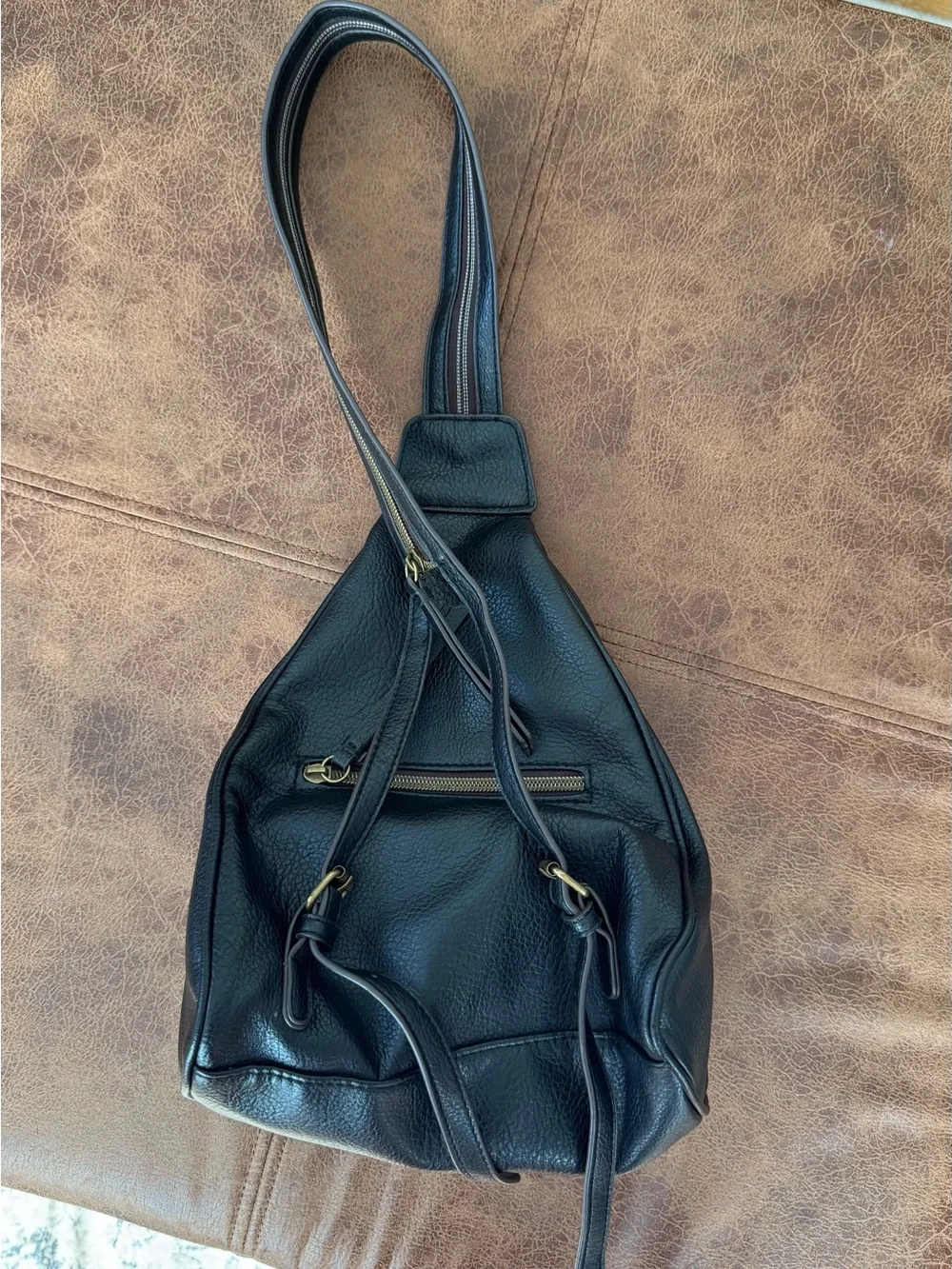 Vintage Black Faux Leather Convertible Backpack Purse | Braided Trim | Y2K Boho